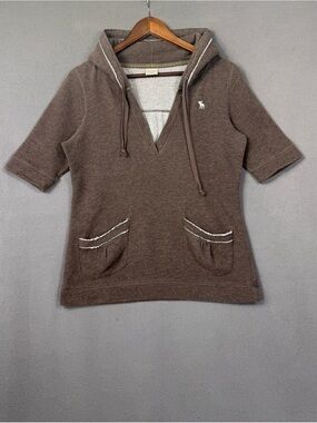 Vintage Y2K Abercrombie & Fitch Brown Short-Sleeve V-Neck Hoodie Sweater, L